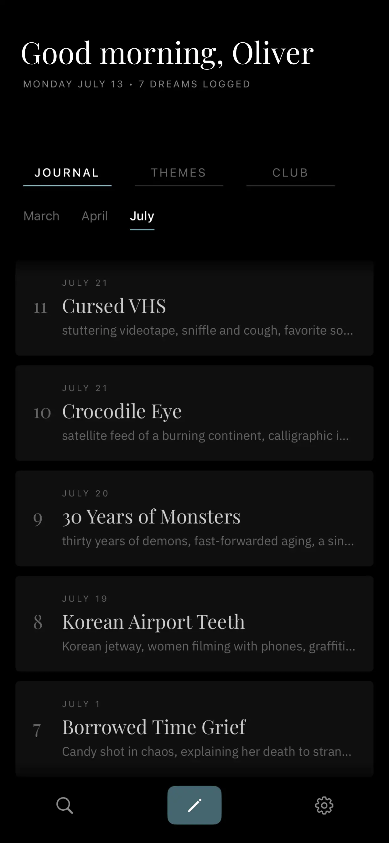 Dream Club on iPhone: the journal
